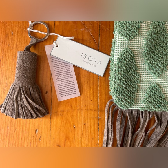Isola handmade in Italy clutch purse sage green chenille with leather fringe - Picture 8 of 9